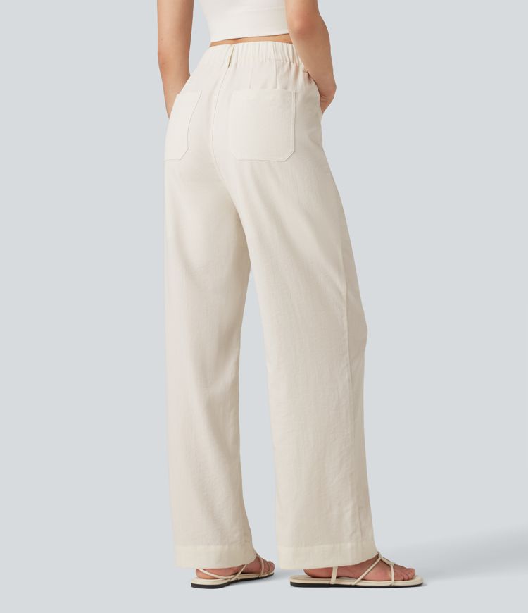 High Waisted Straight Leg Casual Linen-Feel Pants with Pockets