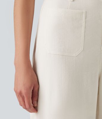 High Waisted Straight Leg Casual Linen-Feel Pants with Pockets