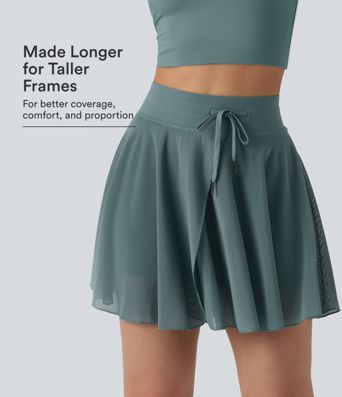 High Waisted Drawstring Contrast Mesh 2-in-1 Pocket Flowy Mini Flare Casual Skirt-Longer Length