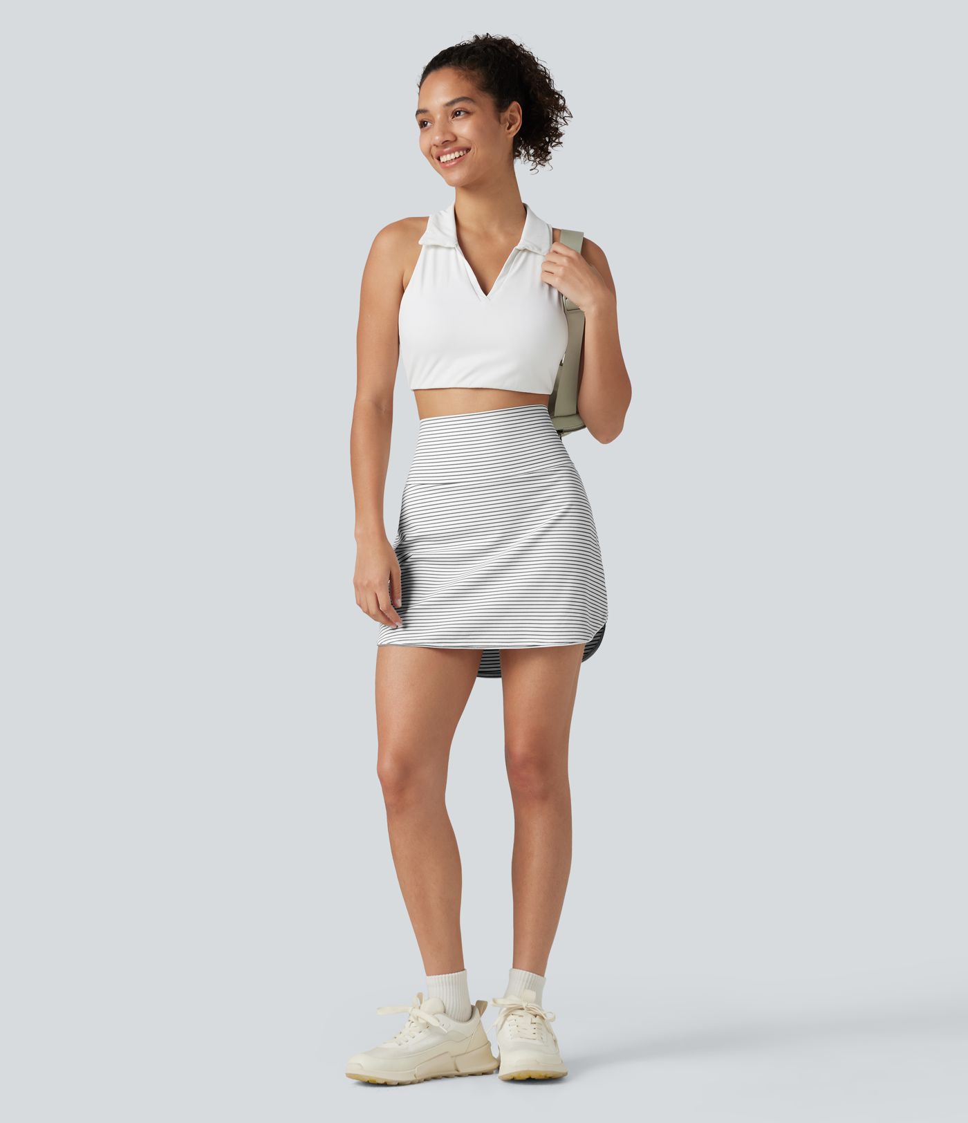 Ultra High-Waist Tummy Control Curved Hem 2-in-1 Stripes Golf Mini Skirt with Pockets