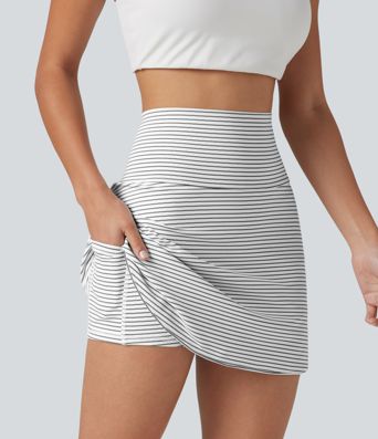 Ultra High-Waist Tummy Control Curved Hem 2-in-1 Stripes Golf Mini Skirt with Pockets