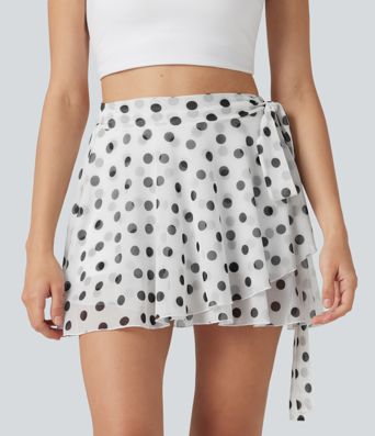 High Waisted Tie Side 2-in-1 Flowy Polka Dot Mesh Micro Mini Flare Skirt with Pocket