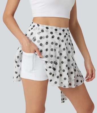 High Waisted Tie Side 2-in-1 Flowy Polka Dot Mesh Micro Mini Flare Skirt with Pocket