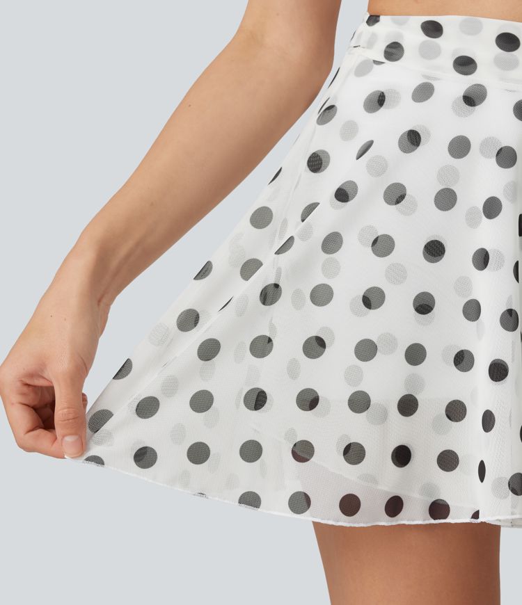 High Waisted Tie Side 2-in-1 Flowy Polka Dot Mesh Micro Mini Flare Skirt with Pocket