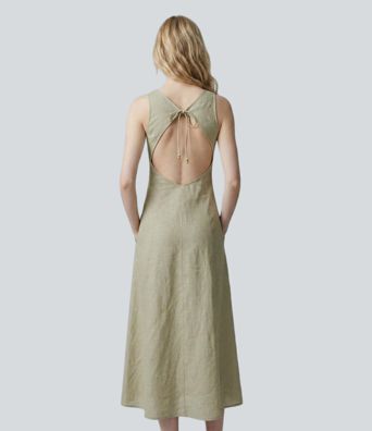 Boat Neck Sleeveless Tie Back Midi Casual Dress