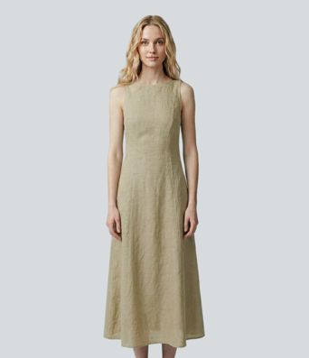 Boat Neck Sleeveless Tie Back Midi Casual Dress