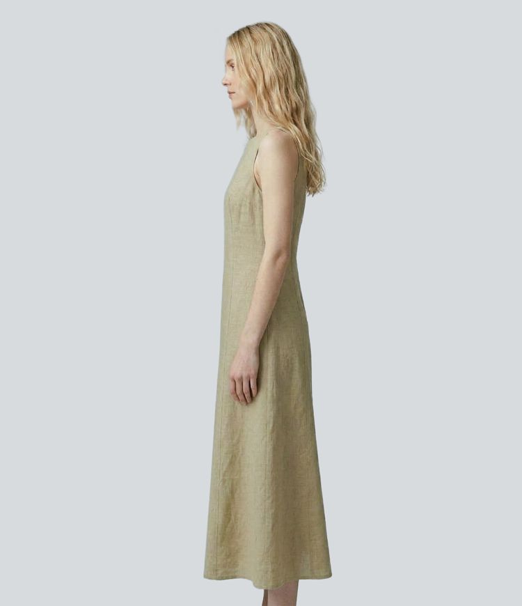 Boat Neck Sleeveless Tie Back Midi Casual Dress