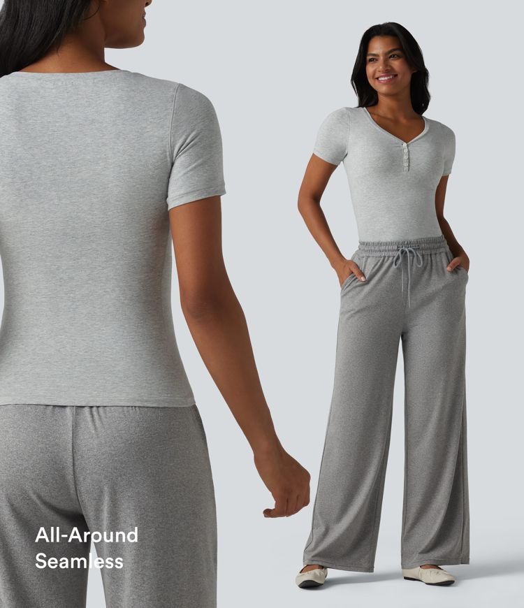 Halara Cotton Jersey V-neck Short Sleeve Built-in Bra Casual T-Shirt B-DD Cups