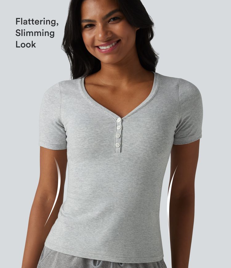 Halara Cotton Jersey V-neck Short Sleeve Built-in Bra Casual T-Shirt B-DD Cups