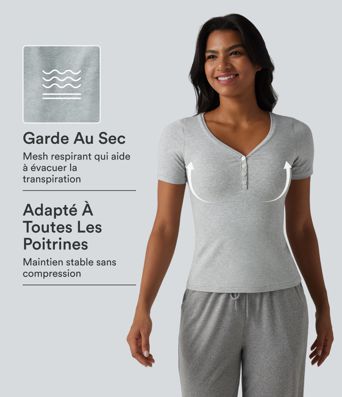 Halara T-shirt décontracté en jersey de coton, col V, manches courtes, brassière intégrée, bonnets B-DD