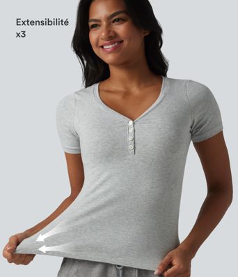 Halara T-shirt décontracté en jersey de coton, col V, manches courtes, brassière intégrée, bonnets B-DD