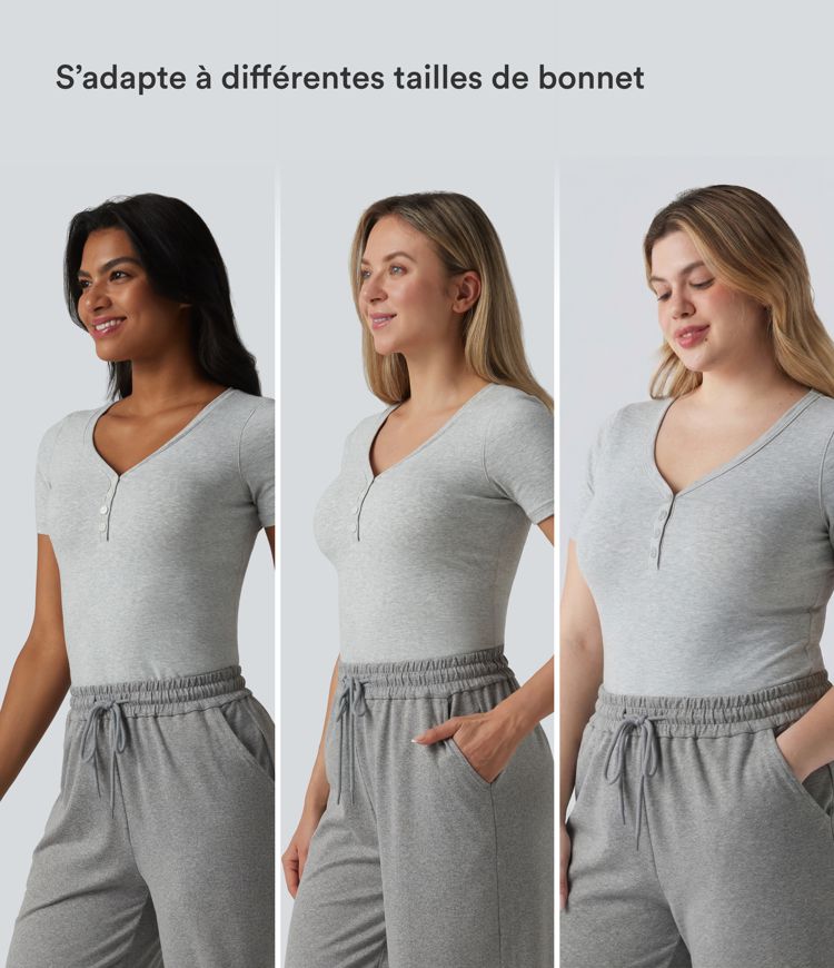 Halara T-shirt décontracté en jersey de coton, col V, manches courtes, brassière intégrée, bonnets B-DD