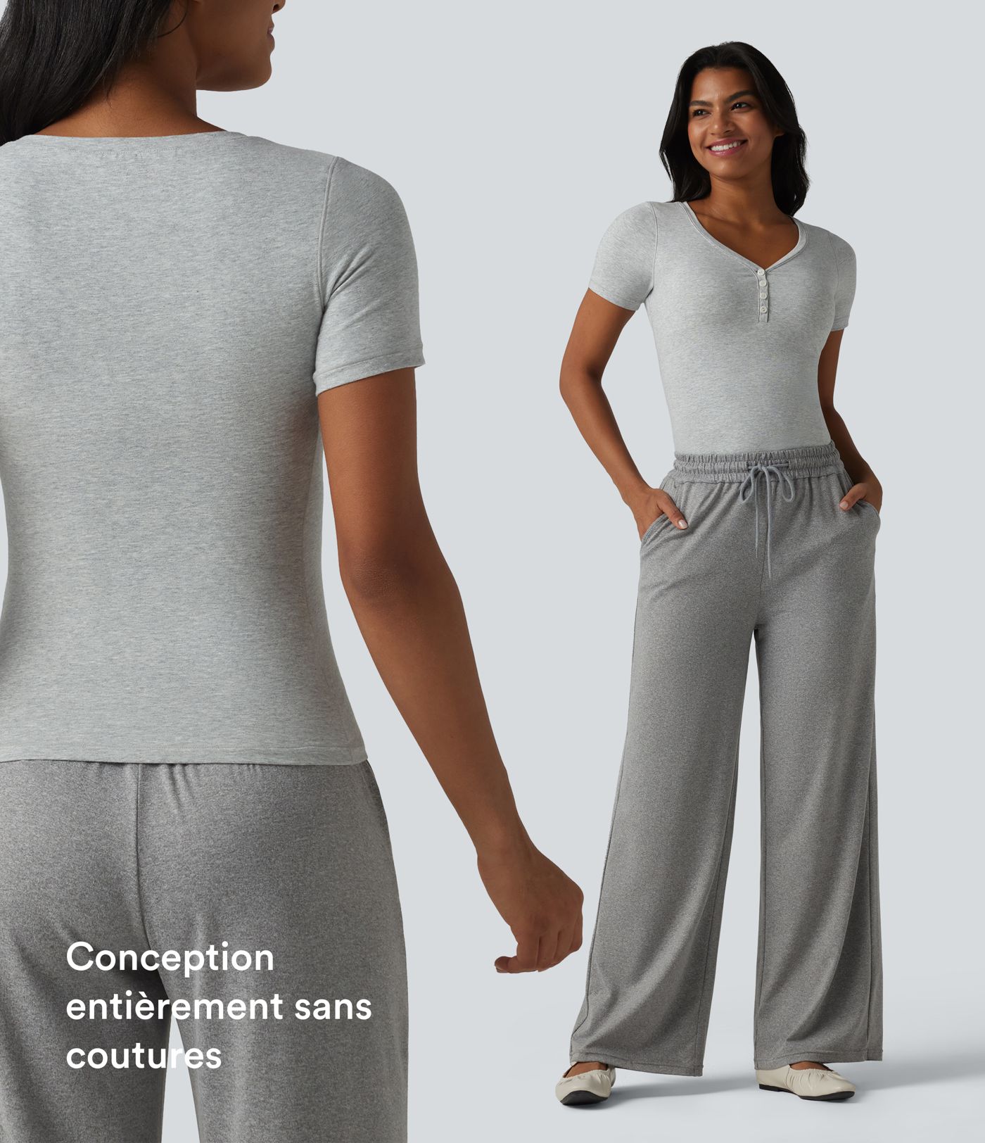 Halara T-shirt décontracté en jersey de coton, col V, manches courtes, brassière intégrée, bonnets B-DD