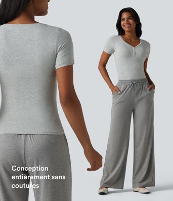 Halara T-shirt décontracté en jersey de coton, col V, manches courtes, brassière intégrée, bonnets B-DD