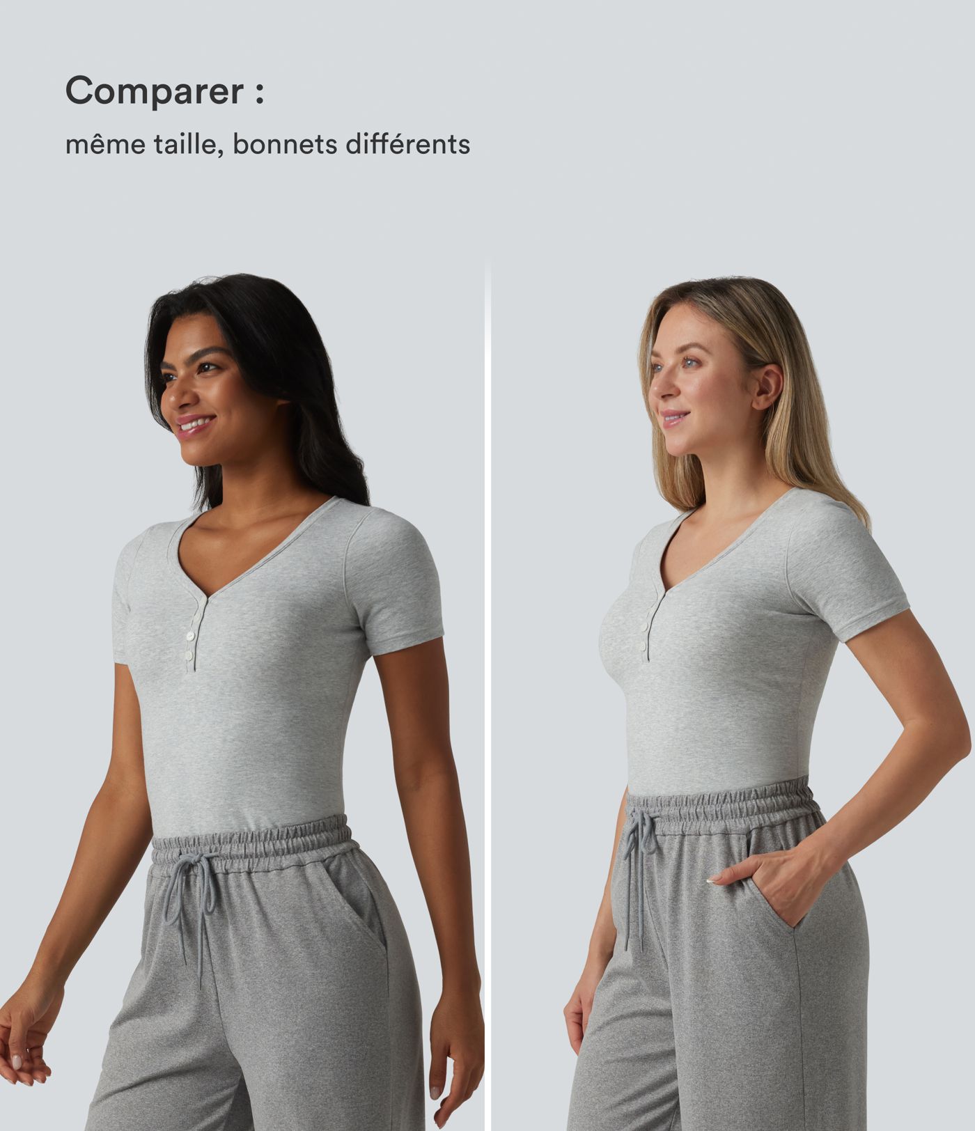 Halara T-shirt décontracté en jersey de coton, col V, manches courtes, brassière intégrée, bonnets B-DD