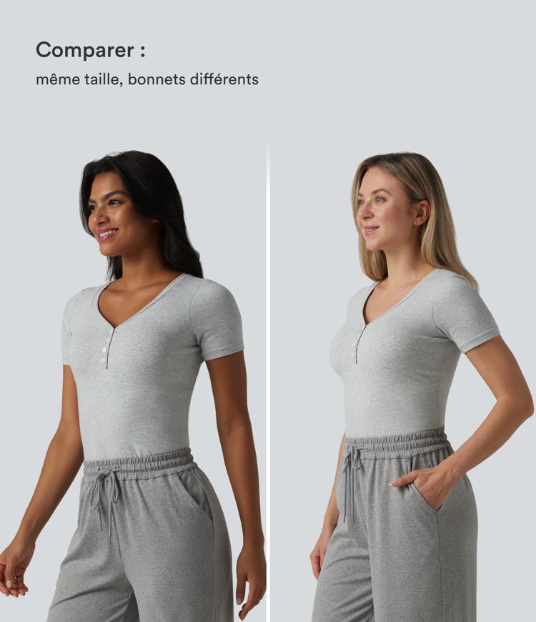 Halara T-shirt décontracté en jersey de coton, col V, manches courtes, brassière intégrée, bonnets B-DD