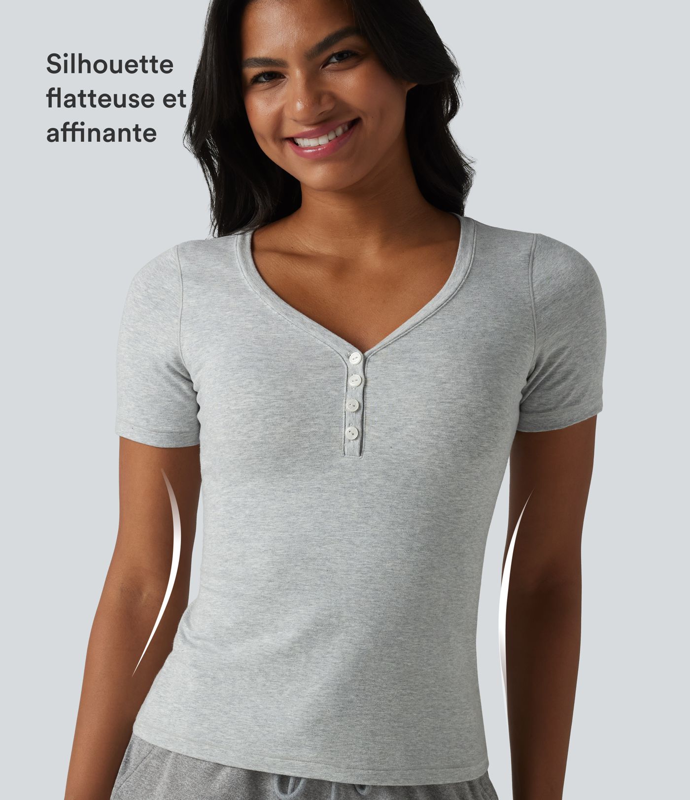 Halara T-shirt décontracté en jersey de coton, col V, manches courtes, brassière intégrée, bonnets B-DD