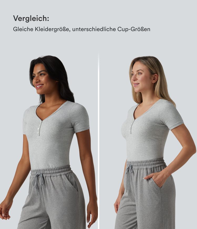Halara Cotton Jersey - Lässiges T-Shirt mit V-Ausschnitt, kurzen Ärmeln und integriertem BH - B-DD Cups