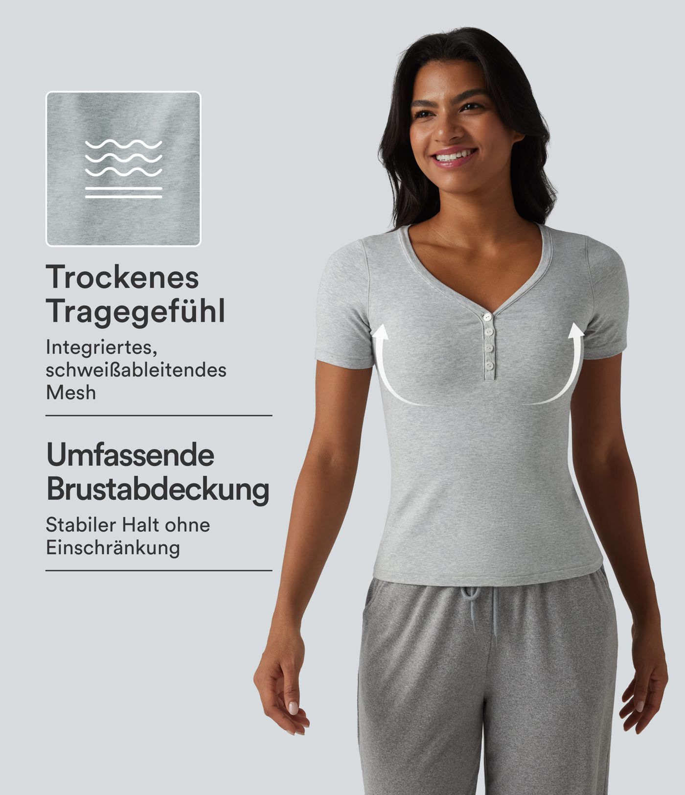 Halara Cotton Jersey - Lässiges T-Shirt mit V-Ausschnitt, kurzen Ärmeln und integriertem BH - B-DD Cups