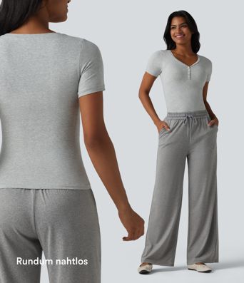 Halara Cotton Jersey - Lässiges T-Shirt mit V-Ausschnitt, kurzen Ärmeln und integriertem BH - B-DD Cups
