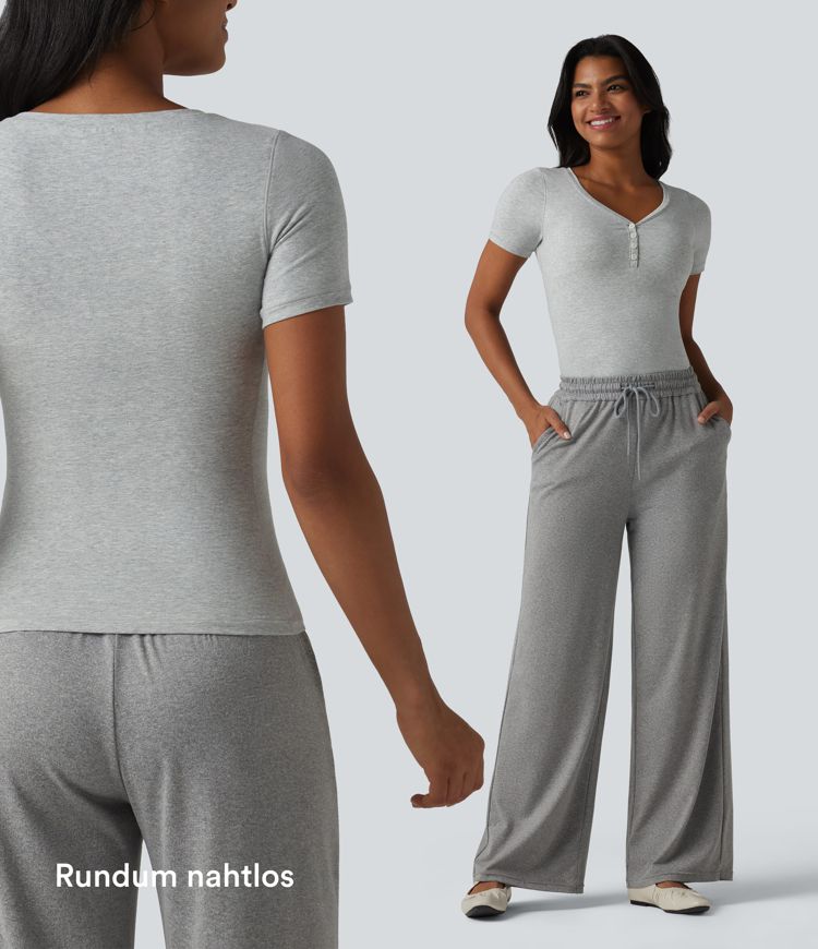 Halara Cotton Jersey - Lässiges T-Shirt mit V-Ausschnitt, kurzen Ärmeln und integriertem BH - B-DD Cups