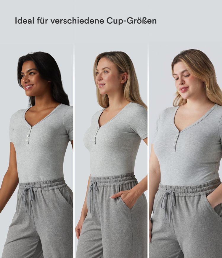 Halara Cotton Jersey - Lässiges T-Shirt mit V-Ausschnitt, kurzen Ärmeln und integriertem BH - B-DD Cups