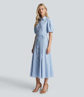Puff Short Sleeve Belted Midi Work Shirt Dress