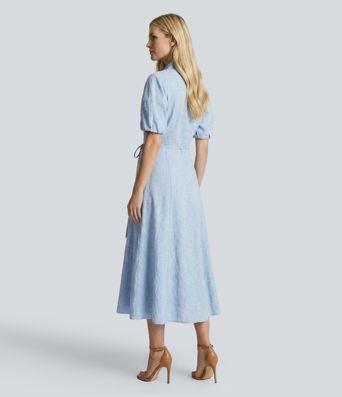 Puff Short Sleeve Belted Midi Work Shirt Dress