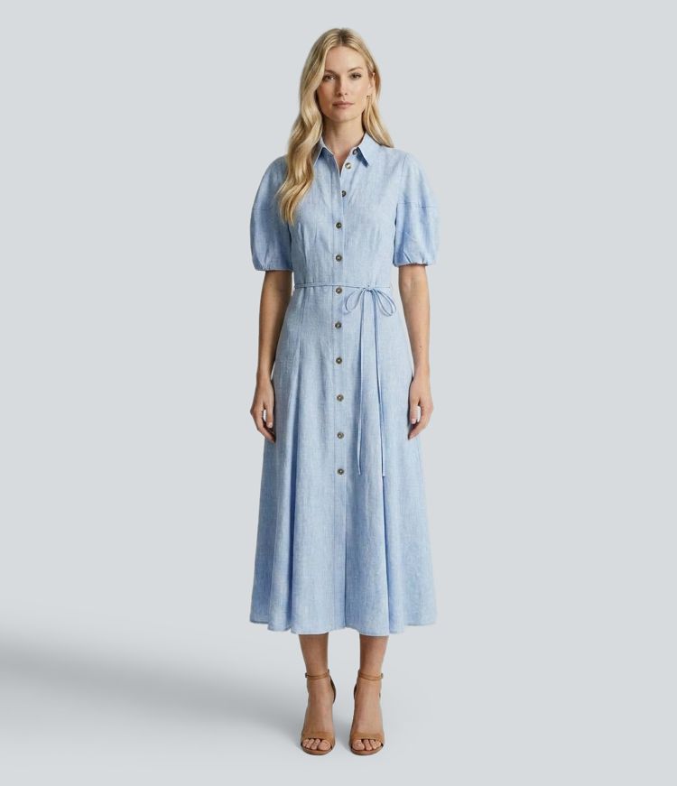 Puff Short Sleeve Belted Midi Work Shirt Dress