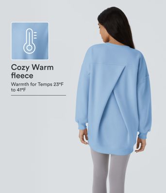 Round Neck Long Sleeve Pocket Oversize Fleece Casual Sweatshirt