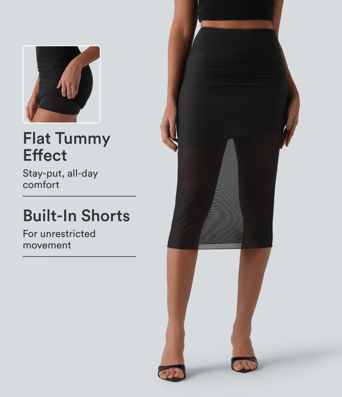 High Waisted Tummy Control 2-in-1 Mesh Bodycon Midi Casual Skirt