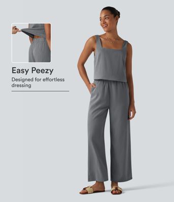 Square Neck Sleeveless Resort Linen-Feel Jumpsuit with Pockets-Easy Peezy