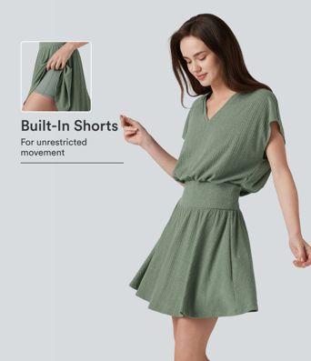 Ribbed Knit V-neck Short Sleeve 2-in-1 Mini Casual Linen-Blend Flowy Dress