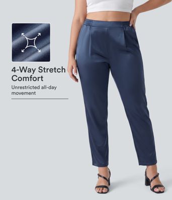 High Waisted Satin Work Plus Size Tapered Pants with Pockets