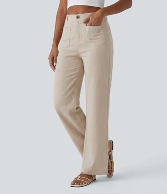 Pantalon décontracté taille haute à jambe droite, effet lin, avec poches Pantalon décontracté taille haute à jambe droite, effet lin, avec poches