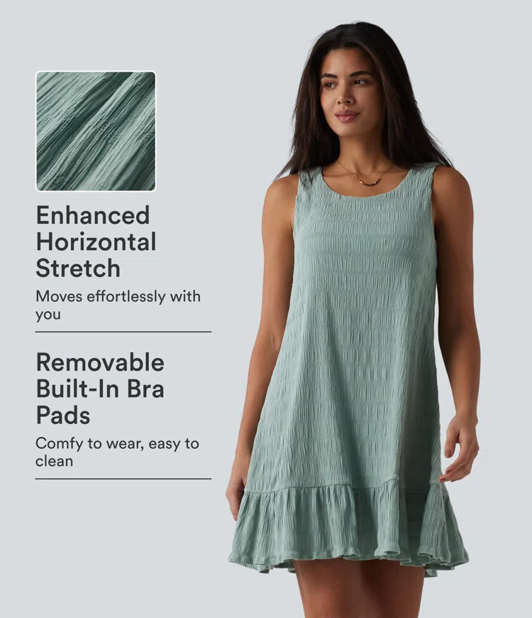 Robe courte décontractée sans manches à encolure ronde, avec soutien‑gorge intégré et ourlet à volants