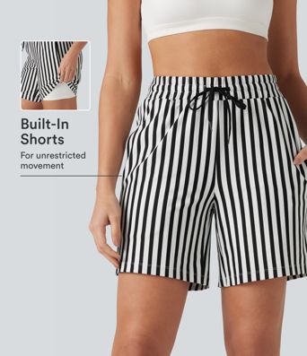 High Waisted Drawstring 2-in-1 Stripe Yoga Shorts 7'' with Pockets