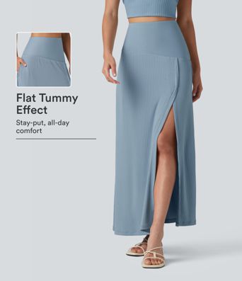 Ribbed Knit High Waisted Tummy Control Maxi Casual Skirt with Pocket