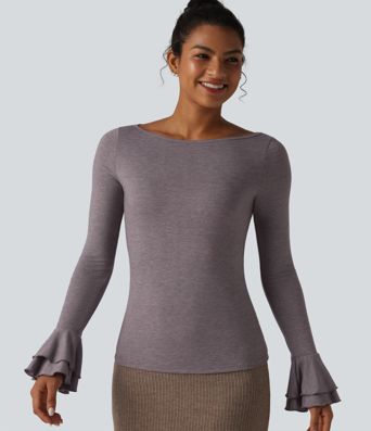 Boat Neck Flounce Long Sleeve Party Top
