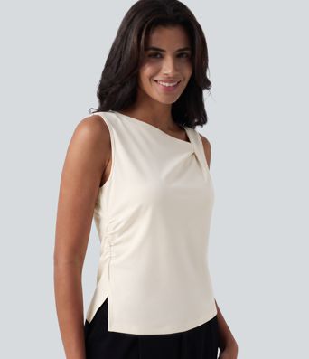 Asymmetric Cowl Neck Sleeveless Ruched Split Hem Work Top