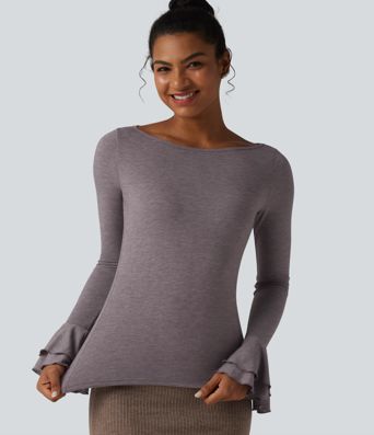 Boat Neck Flounce Long Sleeve Party Top
