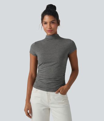 Mock-neck Short Sleeve Ruched Casual T-Shirt