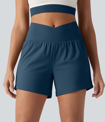 SoftlyZero™ Airy Crossover High Waisted 2-in-1 Cool Touch Yoga Shorts 5'' with Pockets