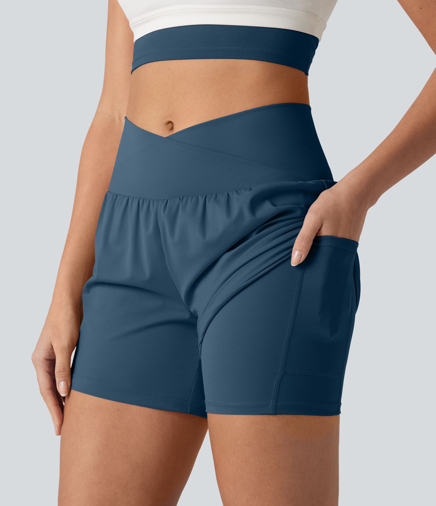 SoftlyZero™ Airy Crossover High Waisted 2-in-1 Cool Touch Yoga Shorts 5'' with Pockets