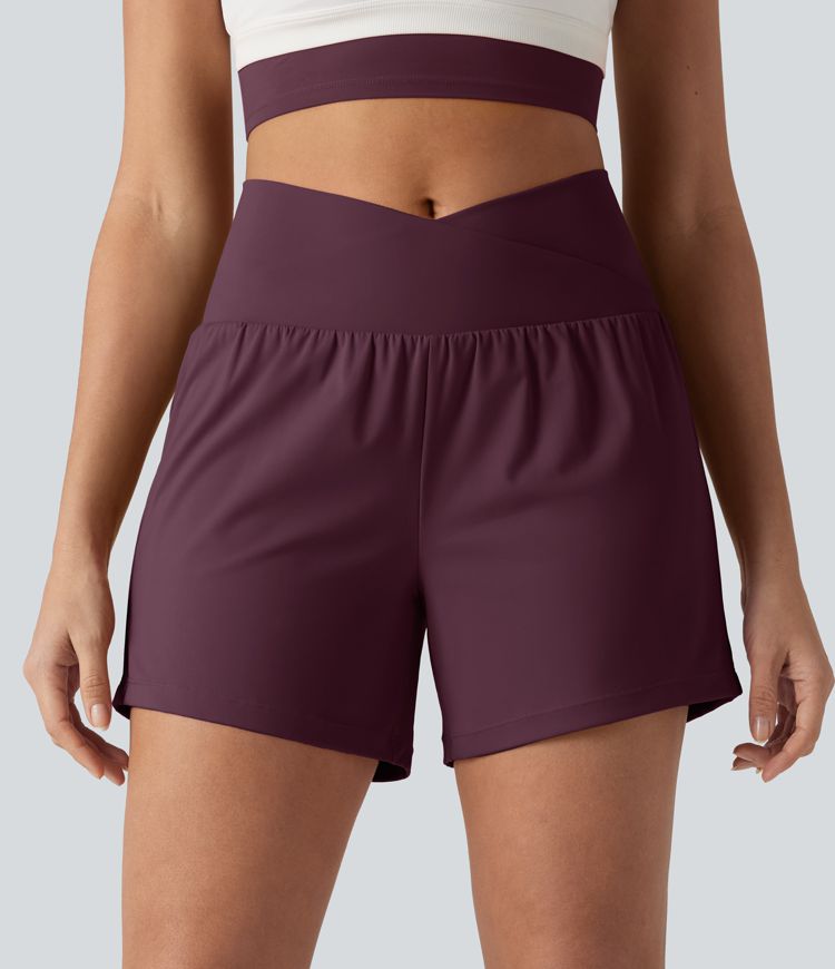 SoftlyZero™ Airy Crossover High Waisted 2-in-1 Cool Touch Yoga Shorts 5'' with Pockets
