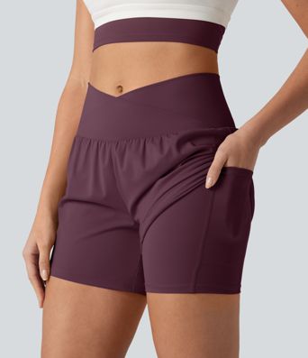 SoftlyZero™ Airy Crossover High Waisted 2-in-1 Cool Touch Yoga Shorts 5'' with Pockets