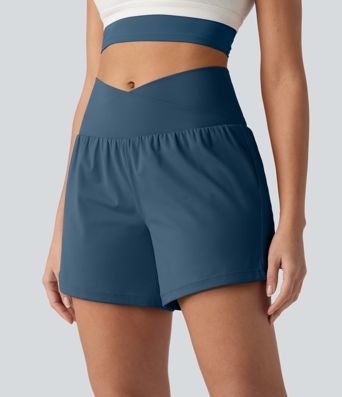 SoftlyZero™ Airy Crossover High Waisted 2-in-1 Cool Touch Yoga Shorts 5'' with Pockets
