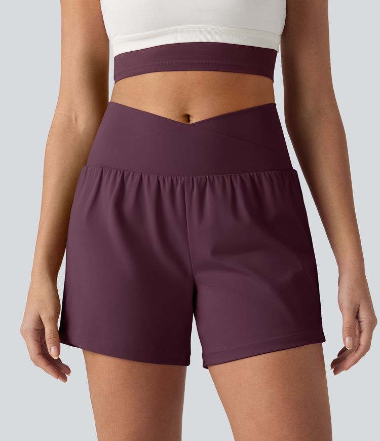 SoftlyZero™ Airy Crossover High Waisted 2-in-1 Cool Touch Yoga Shorts 5'' with Pockets