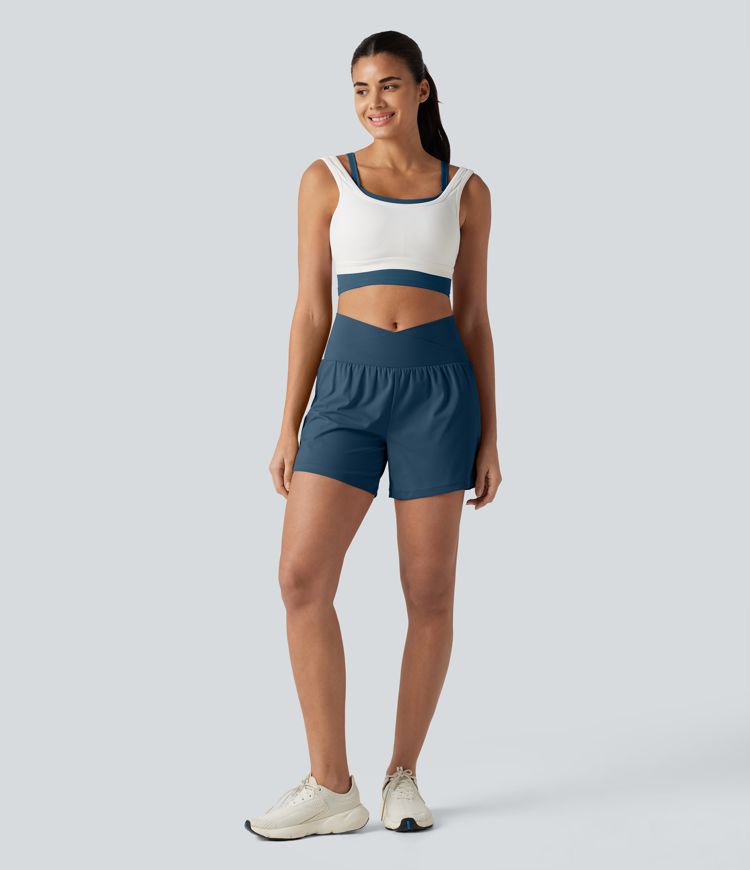 SoftlyZero™ Airy Crossover High Waisted 2-in-1 Cool Touch Yoga Shorts 5'' with Pockets