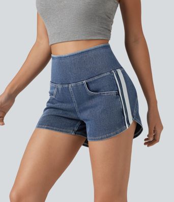 Halara Flex™ High Waisted Tummy Control Curved Hem Stripe Denim Casual Shorts with Pockets